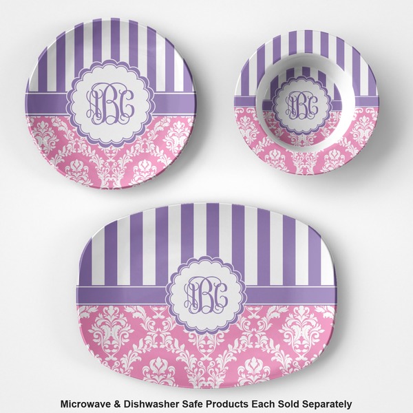 Pink & Purple Damask Microwave & Dishwasher Safe CP Plastic Dishware - Group