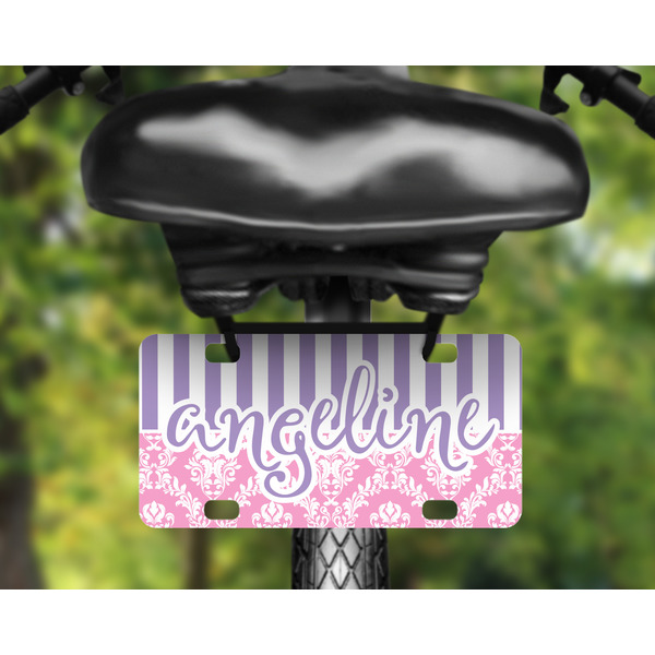 Pink & Purple Damask Mini License Plate on Bicycle