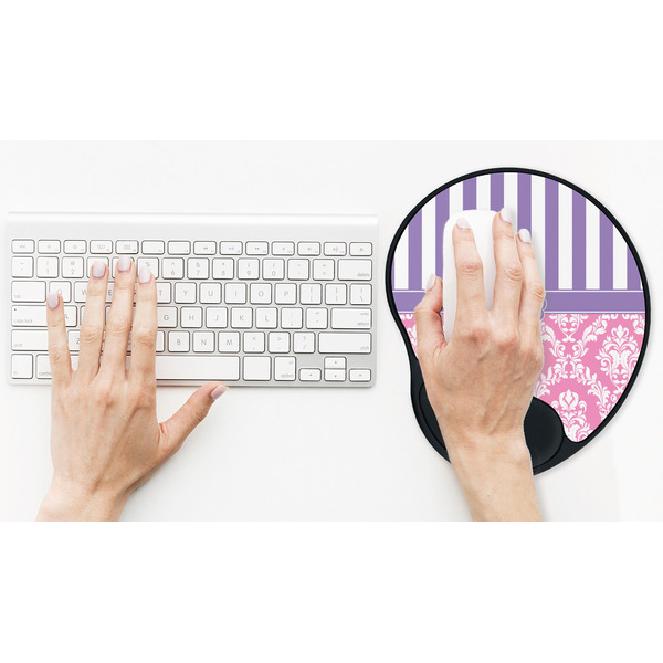 Pink & Purple Damask Mouse Pad with Wrist Rest - LIFESYTLE 2 (in use)