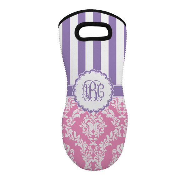 Custom Pink & Purple Damask Neoprene Oven Mitt - Single w/ Monogram