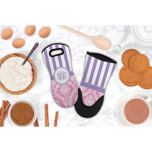 Pink & Purple Damask Neoprene Oven Mitt - Lifestyle Image