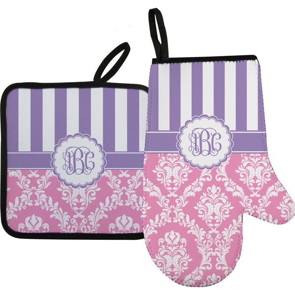 Custom Pink & Purple Damask Oven Mitt & Pot Holder Set w/ Monogram