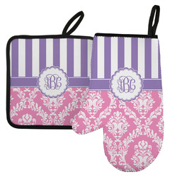 Pink & Purple Damask Left Oven Mitt & Pot Holder Set w/ Monogram