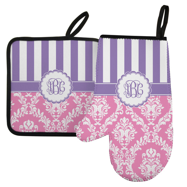 Custom Pink & Purple Damask Left Oven Mitt & Pot Holder Set w/ Monogram