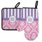 Pink & Purple Damask Left Oven Mitt & Pot Holder Set w/ Monogram