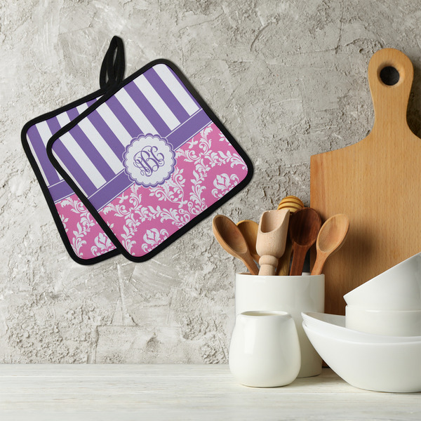 Pink & Purple Damask Neoprene Pot Holder - Set of 2  LIFESTYLE