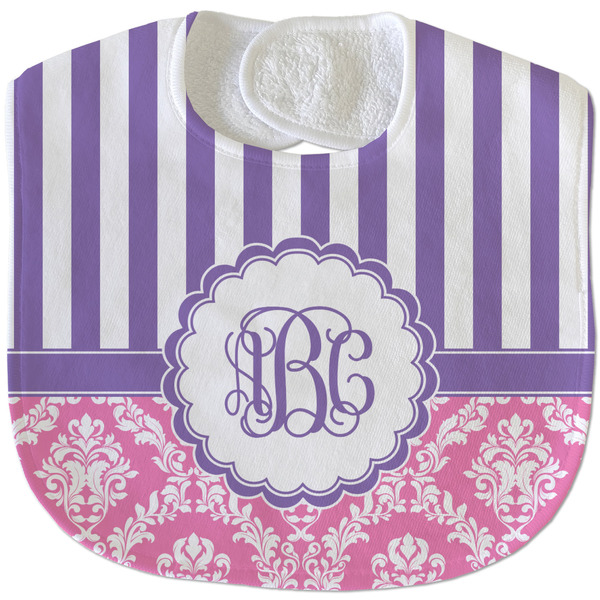 Custom Pink & Purple Damask Velour Baby Bib w/ Monogram