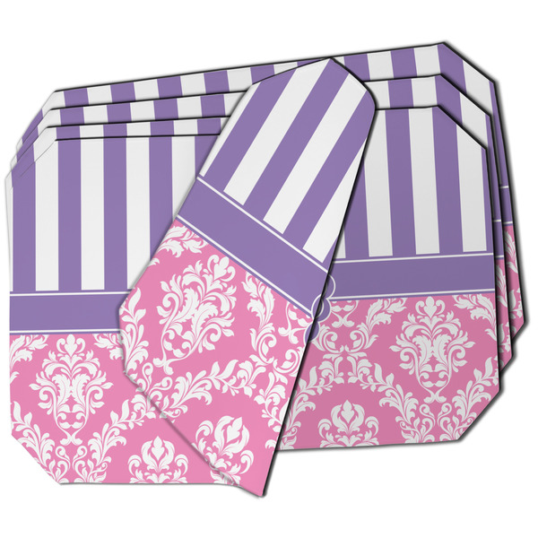 Custom Pink & Purple Damask Dining Table Mat - Octagon - Set of 4 (Double-SIded) w/ Monogram