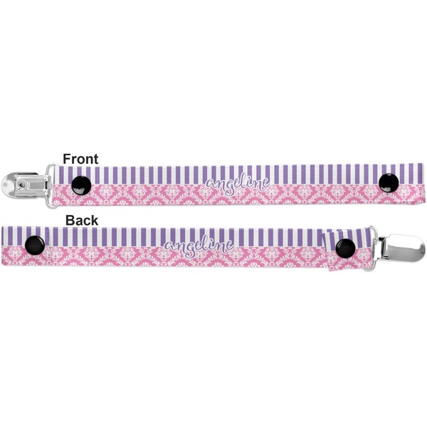 Pink & Purple Damask Pacifier Clip - Front and Back