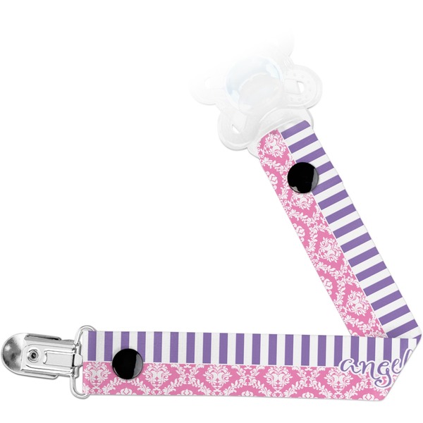 Custom Pink & Purple Damask Pacifier Clip (Personalized)