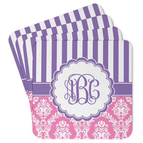 Custom Pink & Purple Damask Paper Coasters w/ Monograms