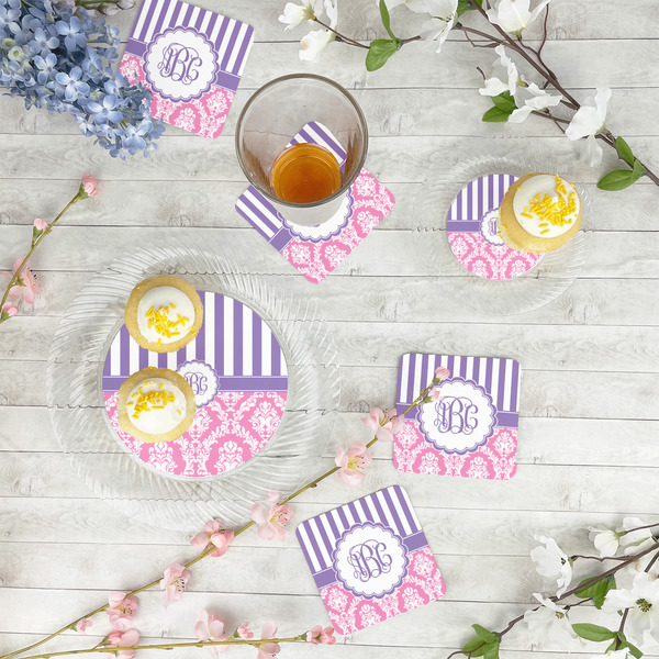 Pink & Purple Damask Paper Coasters - In Context