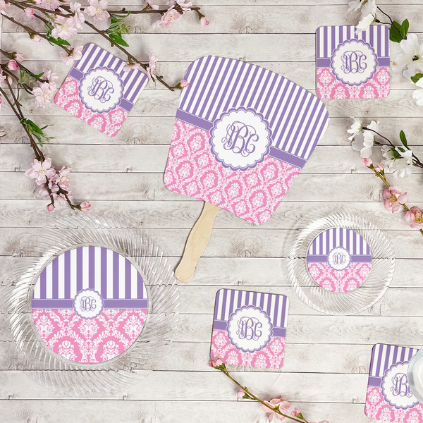 Pink & Purple Damask Party Supplies Combination Image - All items - Plates, Coasters, Fans