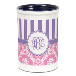 Pink & Purple Damask Ceramic Pencil Holders - Blue