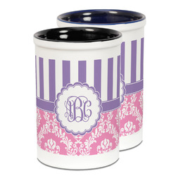 Pink & Purple Damask Ceramic Pencil Holder - Large
