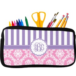 Pink & Purple Damask Neoprene Pencil Case - Small w/ Monogram