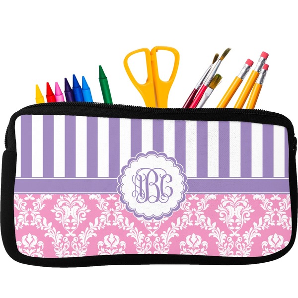 Custom Pink & Purple Damask Neoprene Pencil Case (Personalized)