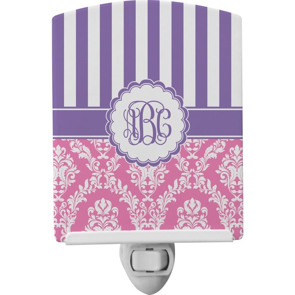 Custom Pink & Purple Damask Ceramic Night Light (Personalized)