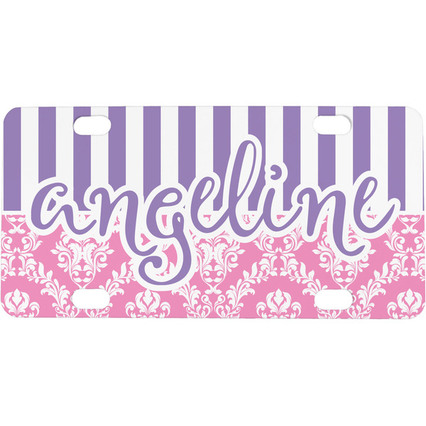 Custom Pink & Purple Damask Mini / Bicycle License Plate (4 Holes) (Personalized)