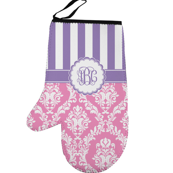 Pink & Purple Damask Personalized Oven Mitt - Left