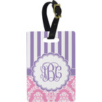 Pink & Purple Damask Plastic Luggage Tag - Rectangular w/ Monogram