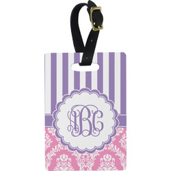 Pink & Purple Damask Plastic Luggage Tag - Rectangular w/ Monogram