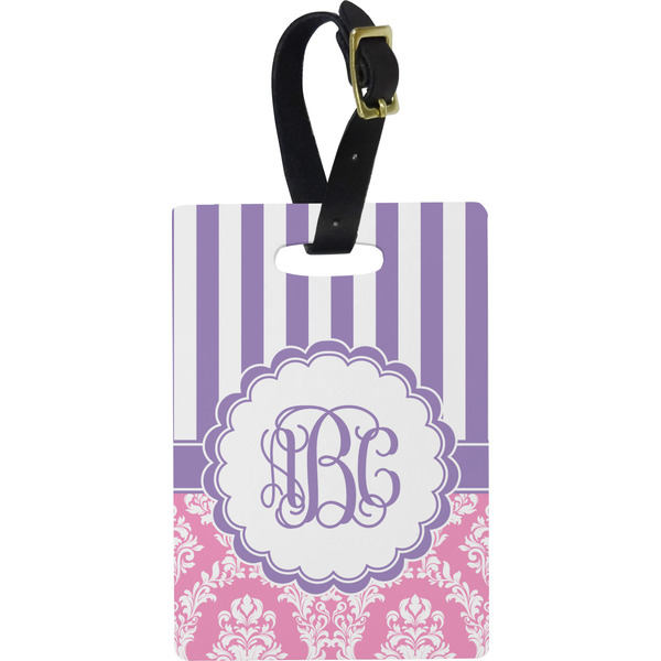 Custom Pink & Purple Damask Plastic Luggage Tag - Rectangular w/ Monogram