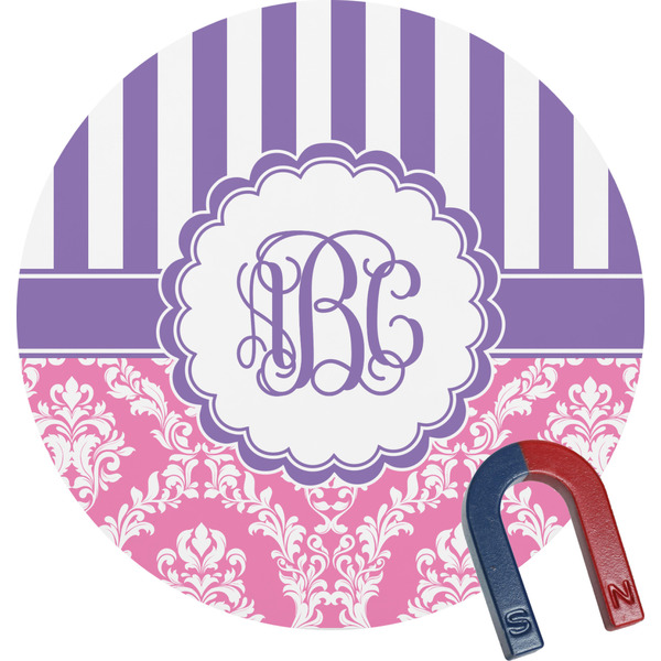 Custom Pink & Purple Damask Round Fridge Magnet (Personalized)