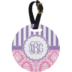 Pink & Purple Damask Plastic Luggage Tag - Round (Personalized)