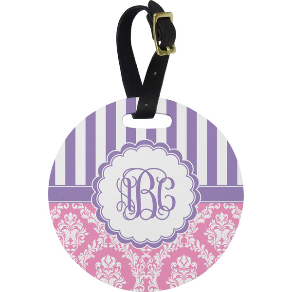 Custom Pink & Purple Damask Plastic Luggage Tag - Round (Personalized)