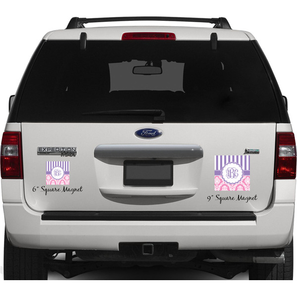Pink & Purple Damask Personalized Square Car Magnets on Ford Explorer