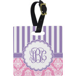 Pink & Purple Damask Plastic Luggage Tag - Square w/ Monogram