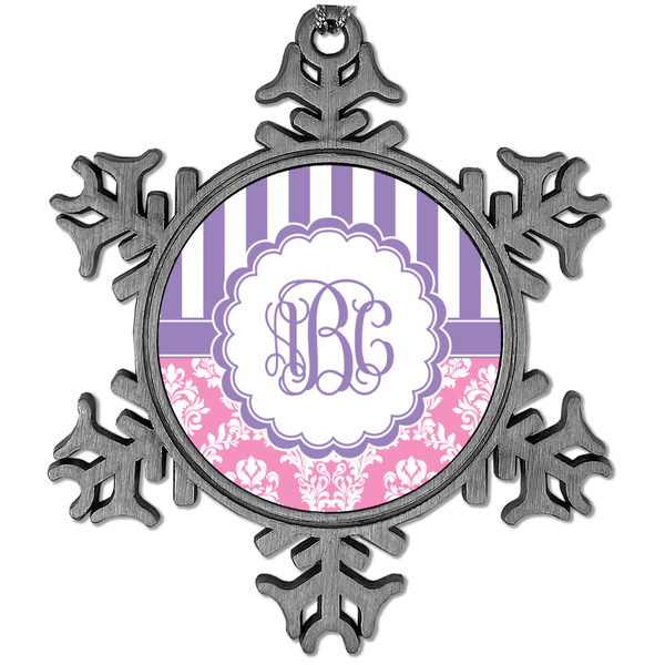 Custom Pink & Purple Damask Vintage Snowflake Ornament (Personalized)
