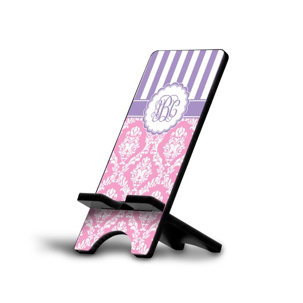 Custom Pink & Purple Damask Cell Phone Stand (Large) (Personalized)