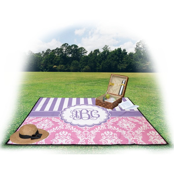 Pink & Purple Damask Picnic Blanket - with Basket Hat and Book - in Use