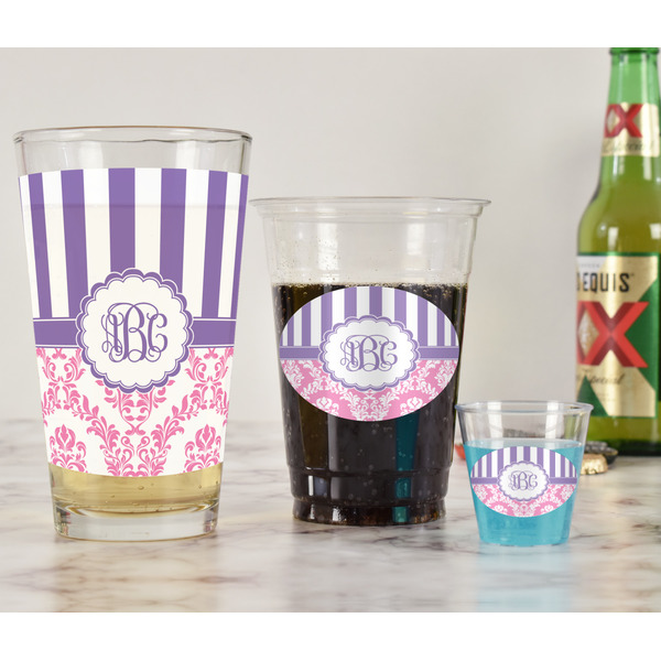 Pink & Purple Damask Pint Glass - Full Fill w Transparency - In Context