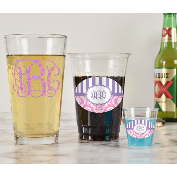 Pink & Purple Damask Pint Glass - Two Content - In Context