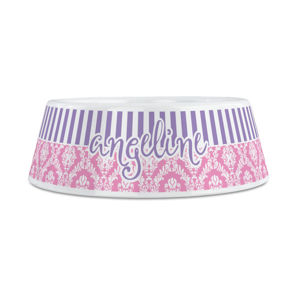 Pink & Purple Damask Plastic Dog Bowls - Medium - FRONT
