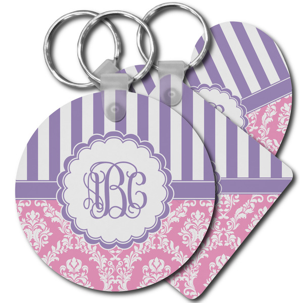 Custom Pink & Purple Damask Plastic Keychain (Personalized)