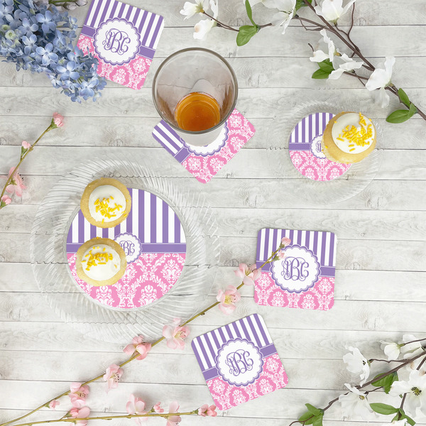 Pink & Purple Damask Plastic Party Appetizer & Dessert Plates - In Context