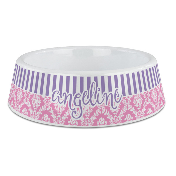 Custom Pink & Purple Damask Plastic Dog Bowl - Large (Personalized)