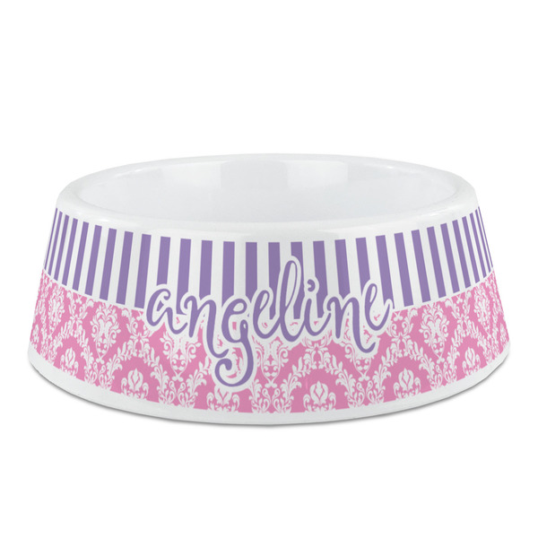 Custom Pink & Purple Damask Plastic Dog Bowl - Medium (Personalized)