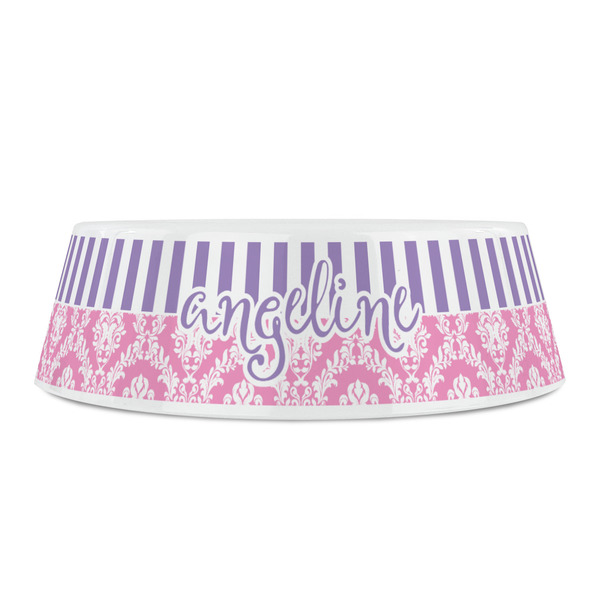 Pink & Purple Damask Plastic Pet Bowls - Small - FRONT