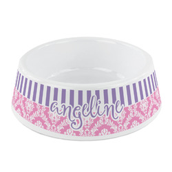 Pink & Purple Damask Plastic Dog Bowl - Small (Personalized)