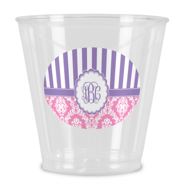 Custom Pink & Purple Damask Plastic Shot Glass (Personalized)
