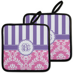 Pink & Purple Damask Pot Holders - Set of 2 w/ Monogram