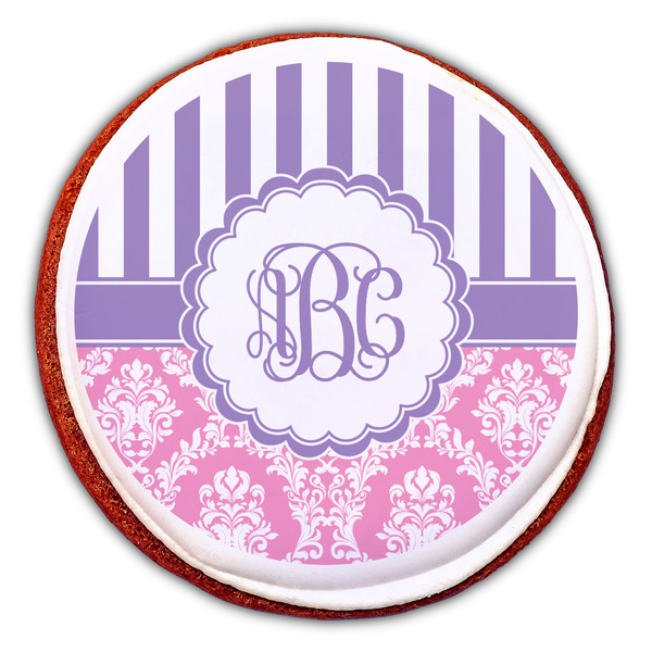 Pink & Purple Damask Printed Icing Circle - Large - On Cookie