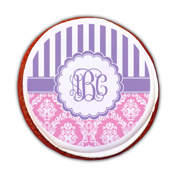 Pink & Purple Damask Printed Icing Circle - Medium - On Cookie