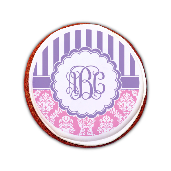 Pink & Purple Damask Printed Icing Circle - Small - On Cookie