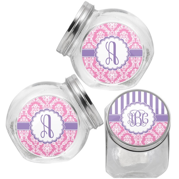 Pink & Purple Damask Puppy Treat Jar - Top Left Right